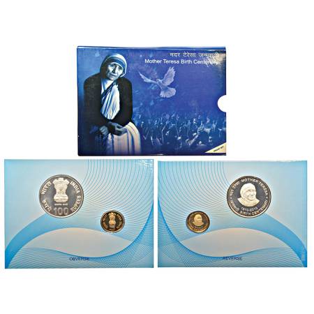 2010, Mother Teresa Birth Centenary, Proof set of 2 coins, 100 rupees and 5 rupees, Kolkat