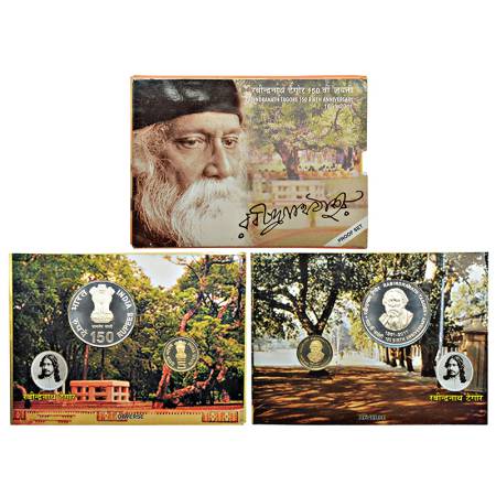 2011, 150th Birth Anniversary of Rabindranath Tagore, Proof set of 2 coins, 150 rupees and