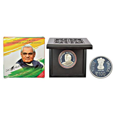 2018, Birth Anniversary of Atal Bihari Vajpayee, Proof single coin, 100 rupees, Mumbai min