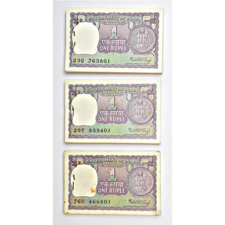 1 rupee, full packet of 100 notes (3), 1977, signed by Manmohan Singh, without inset, seri