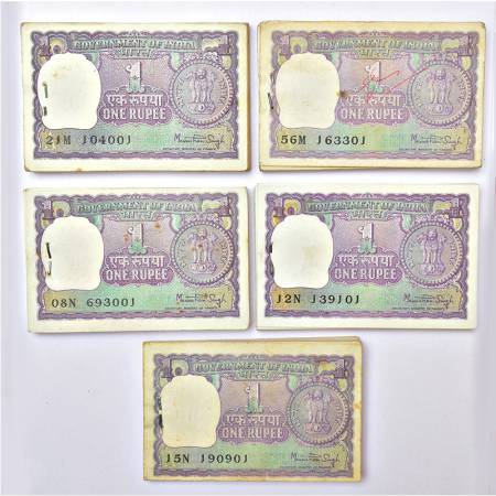 1 rupee, full packet of 100 notes (5), 1979, signed by Manmohan Singh, inset 'A', serial n