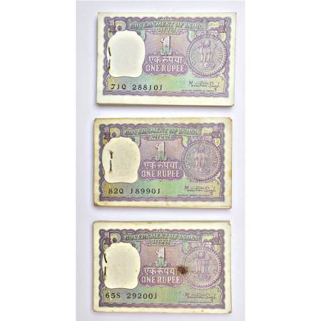 1 rupee, full packet of 100 notes (3), 1980, signed by Manmohan Singh, inset 'A', serial n