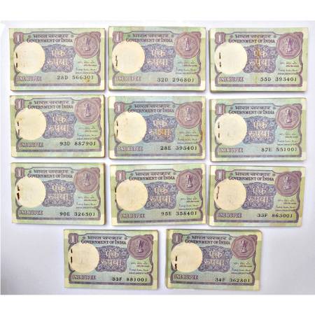 1 rupee, full packet of 100 notes (11), 1984, signed by Pratap Kishan Kaul, without inset,