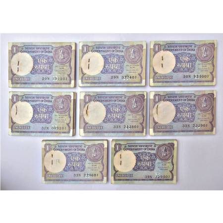 1 rupee, full packet of 100 notes (8), 1993, signed by Montek Singh Ahluwalia, inset 'B', 