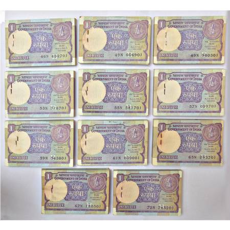 1 rupee, full packet of 100 notes (11), 1994, signed by Montek Singh Ahluwalia, inset 'B',