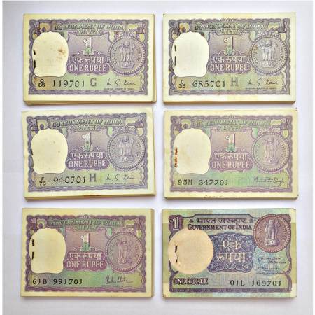1 rupee, full packet of 100 notes (6), includes Phila India Paper Money book no.: A32-1975