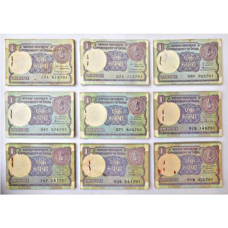1 rupee, full packet of 100 notes (9), includes Phila India Paper Money book no.: 2x A45-1