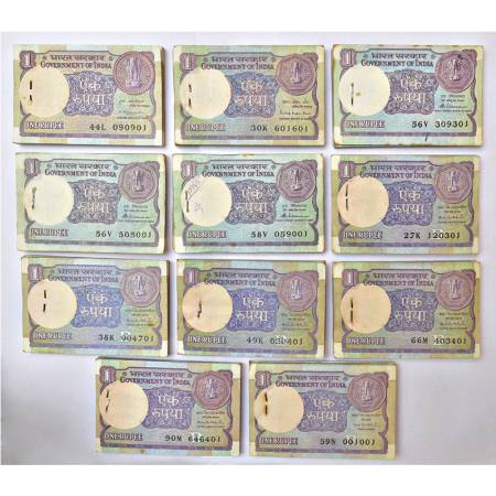 1 rupee, full packet of 100 notes (11), includes Phila India Paper Money book no.: 1x A44-