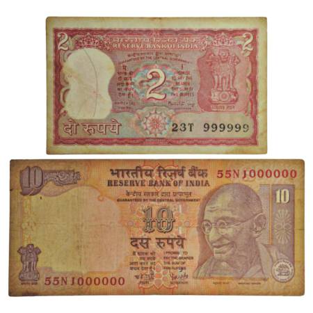 Fancy number notes (2), 1x 2 rupees, tiger series, ND (1982-1985), signed by Manmohan Sing