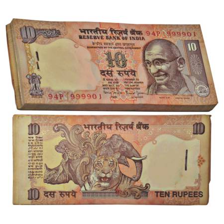 10 rupees, Gandhi series, fancy number, full packet of 100 notes, ND (1997-2003), signed b