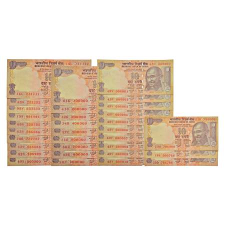 10 rupees, fancy number set of 32 notes, Gandhi series, 2006, 2007 and 2008, signed by Y.V