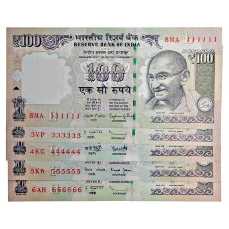 100 rupees, fancy number notes (5), Gandhi series, various governor's signature and inset,