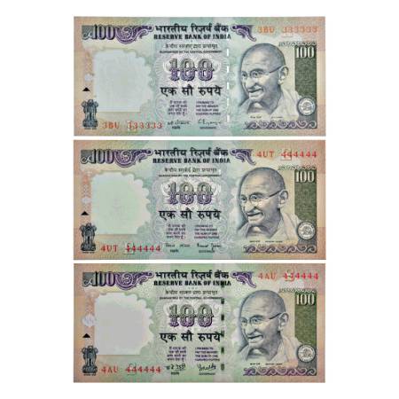 100 rupees, fancy number notes (3), Gandhi series, 1x signed by C. Rangarajan, ND (1992-19