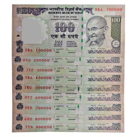 100 rupees, fancy number set of 9 notes, Gandhi series, 2011, 2012 and 2013, signed by D. 