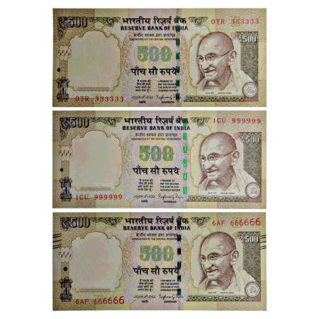 500 rupees, fancy number notes (3), Gandhi series, 3rd issue, signed by Raghuram Rajan, 2x