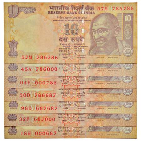 10 rupees, fancy number notes (7), Gandhi series, various year, signed by various governor