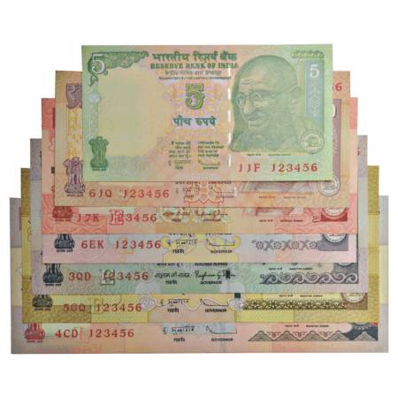 Fancy number set of 7 notes, 5 rupees to 1000 rupees, 5x signed by D. Subbarao, 5 rupees, 