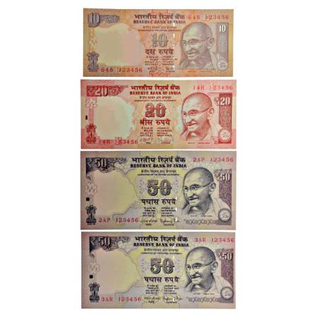 Fancy number notes (4), Gandhi series, serial no.: 123456, 1x 10 rupees, signed by Y.V. Re