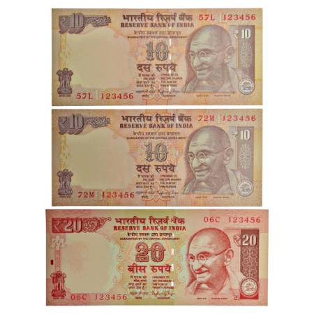 Fancy number notes (3), Gandhi series, signed by Raghuram Rajan, serial no.: 123456, 2x 10