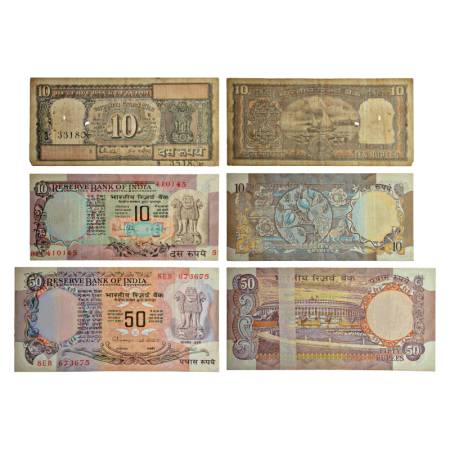 Misprint notes (3), (A) 10 rupees (2), signed by R.N. Malhotra, 1x black boat series, seri