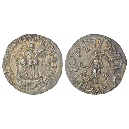 Indo-Scythians - silver tetradrachm, mule/joint issue of Azilises (c.57-35BC) with Azes (c