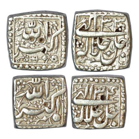 Akbar (1555-1605 AD), silver square rupee (2), mintless type, Ilahi 33, 11.23g and Ilahi 3