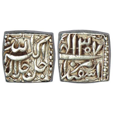 Akbar (1556-1605 AD), silver square rupee, mintless type, Isfandarmunz 37, KM 90.1, 11.38g