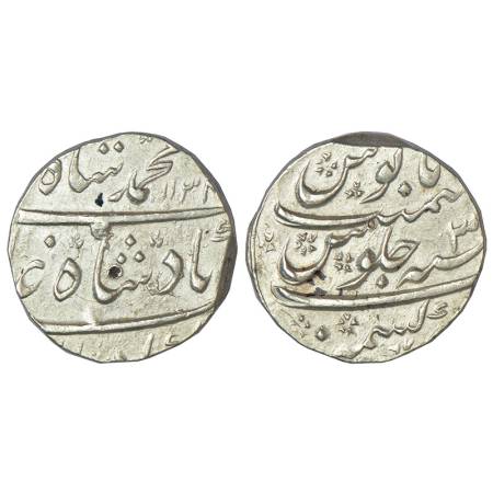 Muhammad Shah (1719-1748 AD), silver rupee, Kashmir mint at bottom, AH 1134/RY 3, KM 436.3