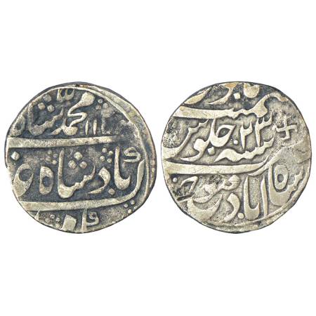 Muhammad Shah (1719-1748 AD), silver rupee, Shahabad Qanauj mint, AH 1154/RY 23, swastika 
