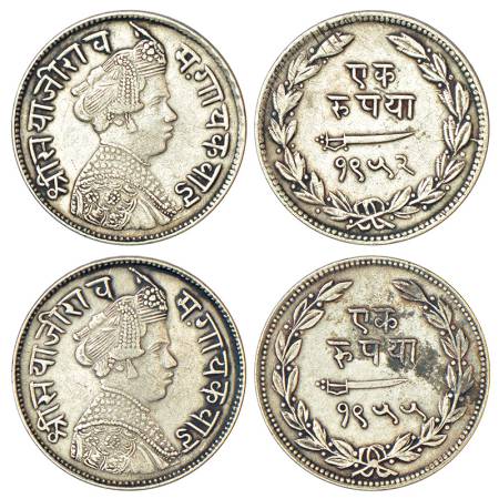 Baroda, Sayaji Rao III (1875-1938 AD), silver rupee (2), VS 1952, 11.28g and VS 1955, 11.3