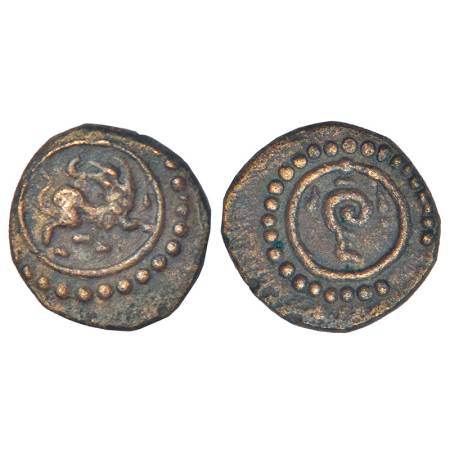 Travancore, copper thira cash, 1.41g. Obv: Yali within circle, dotted border in margin. Re
