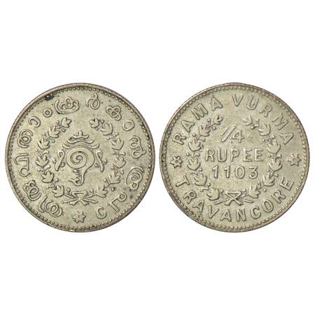 Travancore, Rama Varma VI (1885-1924 AD), silver ¼ rupee, ME 1103, initial R.V. Engraved, 