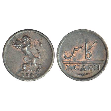 Madras Presidency, Soho mint, copper cash, AD 1803, Stevens EIC 5.148; PR 212, 0.64g. Obv: