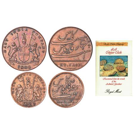 Madras Presidency, Soho mint, copper 10 and 20 cash, AD 1808, recovered from the ship wrec