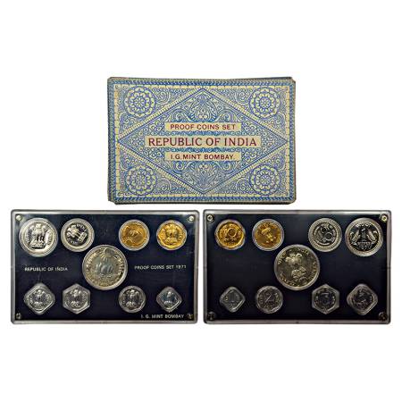 1971, Food for All, Proof set of 9 coins, 10 rupees, 1 rupee, 50 paise, 20 paise, 10 paise