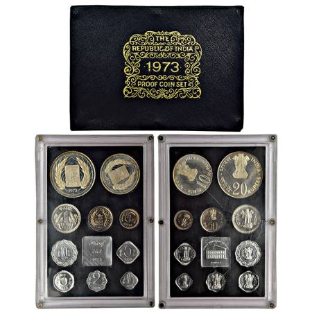 1973, Grow More Food, Proof set of 10 coins, 20 rupees, 10 rupees, 1 rupee, 50 paise, 25 p