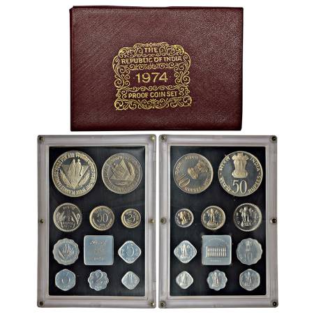 1974, Planned Families - Food For All, Proof set of 10 coins, 50 rupees, 10 rupees, 1 rupe