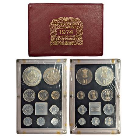 1974, Planned Families, Food for All, Proof set of 10 coins, 50 rupees, 10 rupees, 1 rupee