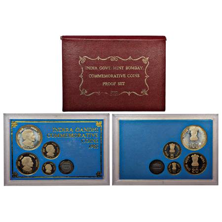 1985, Indira Gandhi, Proof set of 4 coins, 100 rupees, 20 rupees, 5 rupees and 50 paise, B