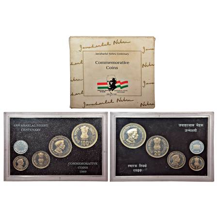 1989, Jawaharlal Nehru birth centenary, Proof set of 4 coins, 100 rupees, 20 rupees, 5 rup