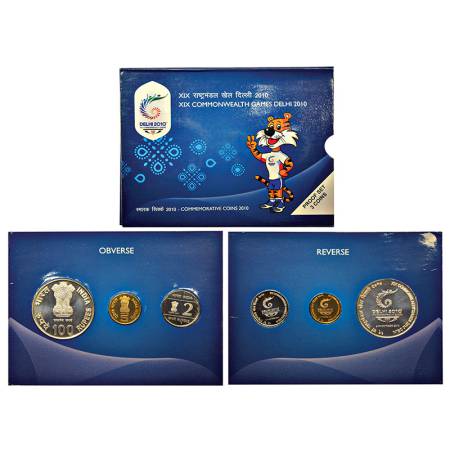 2010, XIX Commonwealth Games Delhi, Proof set of 3 coins, 100 rupees, 5 rupees and 2 rupee