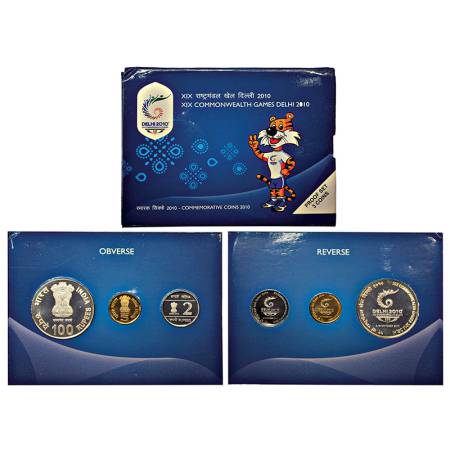 2010, XIX Commonwealth Games Delhi, Proof set of 3 coins, 100 rupees, 5 rupees and 2 rupee