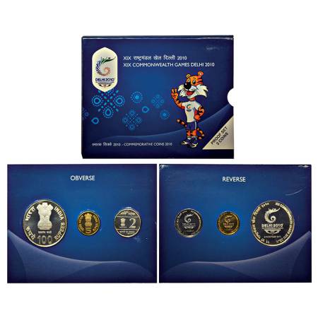 2010, XIX Commonwealth Games Delhi, Proof set of coins, 100 rupees, 5 rupees and 2 rupees,