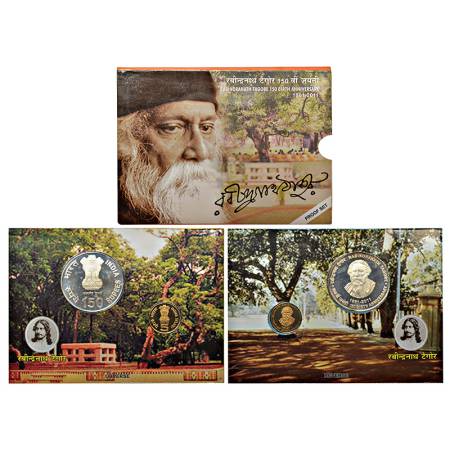 2011, 150th Birth Anniversary of Rabindranath Tagore, Proof set of 2 coins, 150 rupees and