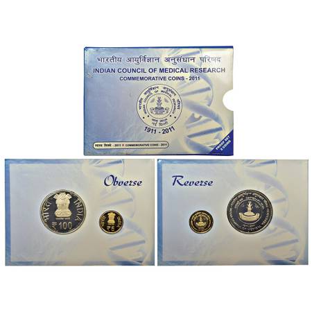 2011, Indian Council of Medical Research, Proof set of 2 coins, 100 rupees and 5 rupees, M
