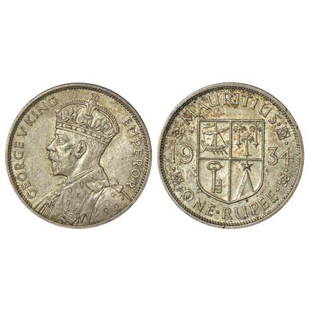 Mauritius, George VI, silver rupee, AD 1934, KM 17, 11.65g. Obv: Portrait bust of King. Re