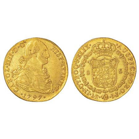 Peru, Carlos IV (1788-1808 AD), gold 8 escudos, AD 1797, I.J. mintmark, KM 101, 26.88g. Ob