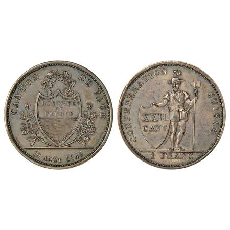 Swiss Cantons-Vaud, silver 1 franc, AD 1845, KM 22, 7.27g. Sub: Shooting festival. Obv: Sh