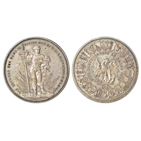 Switzerland, silver 5 francs, AD 1879, KM XS14, 24.96g. Sub: Basel shooting festival. Obv: