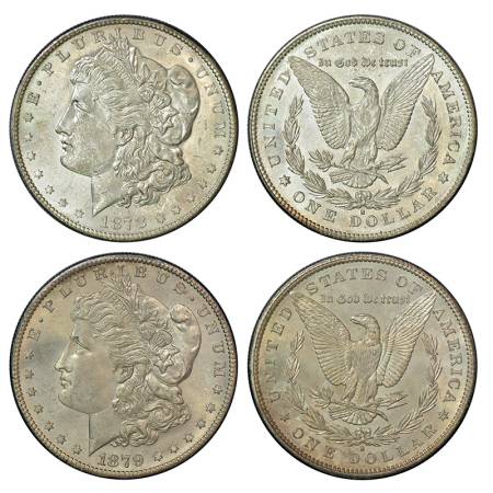 United States of America, silver morgan dollar (2), AD 1878, 26.68g and AD 1879, 26.70g, '